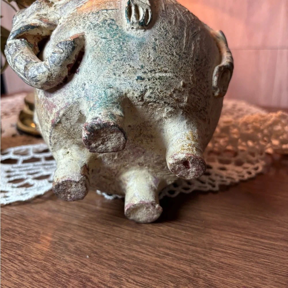 Vintage Thai Earthenware Elephant Vase in Distressed Green and Brown Terracotta